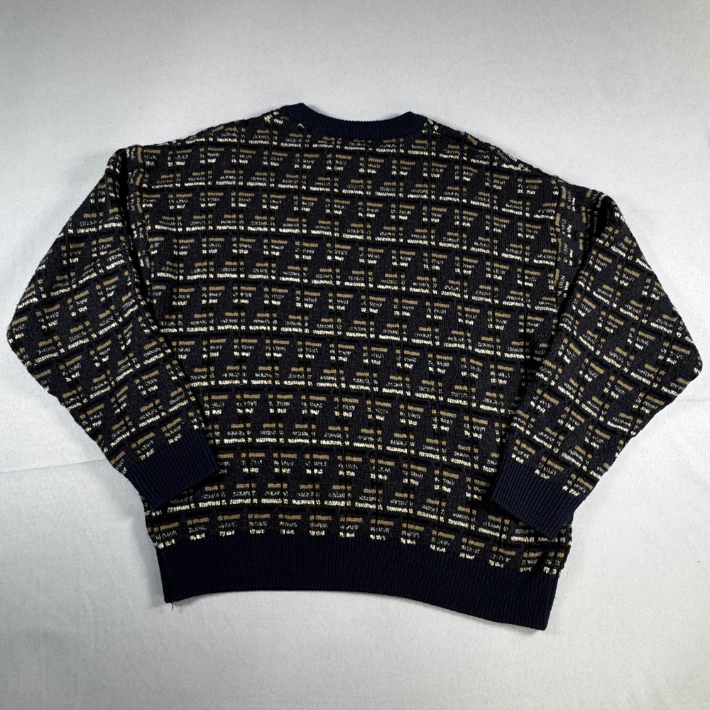 Towncraft Vintage Sweater Mens Geometric Knit Crewneck Navy Tan Grandpa Cosby - Picture 4 of 4